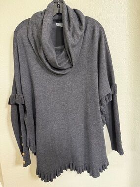 Joseph A. Charcoal Gray Cowl Neck Poncho Sweater Ruffle Hem